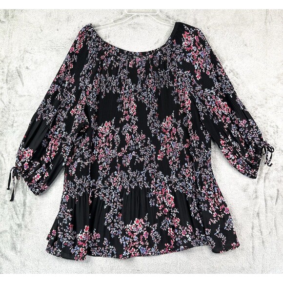ROZ AND ALI Blouse Women's 3X Top Crimped Floral 3/4 Sleeve - Picture 1 of 7